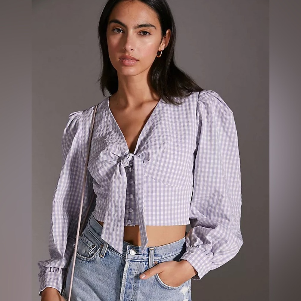 Maeve Cropped Lilac Gingham Blouse in 22W